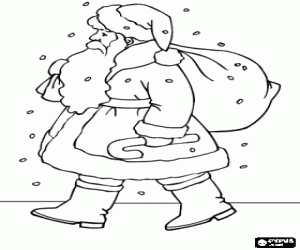 Colorear Santa Claus cargando con el saco lleno de regalos bajo la nieve