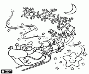 Colorear Santa Claus en su trineo volador tirado por los renos m�gicos