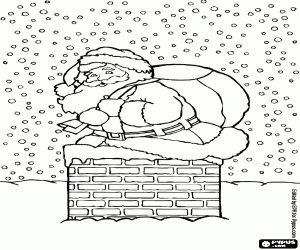 Colorear Santa Claus entrando por la chimenea bajo una gran nevada