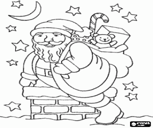 Colorear Santa Claus entrando por la chimenea de una casa la noche de Navidad con el saco lleno de juguetes