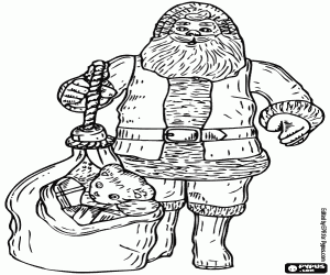 Colorear Santa Claus o Pap� Noel con el gran saco lleno de juguetes para regalar a los ni�os por Navidad