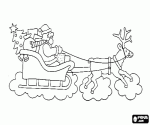 Colorear Santa Claus o Pap� Noel en su trineo m�gico volador tirado por un reno navide�o y cargado de regalos