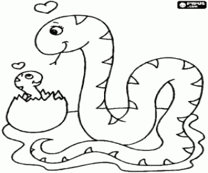 Colorear Serpiente hembra con su cr�a que acaba de romper la c�scara del huevo