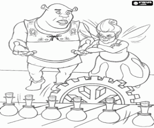 Colorear Shrek hablando con el Hada Madrina sobre la f�rmula m�gica "Felices para siempre"