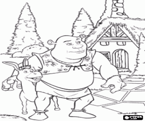 Colorear Shrek y Asno, dos amigos paseando por el pueblo