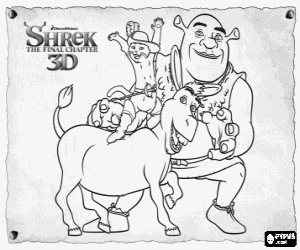Colorear Shrek y sus amigos, Asno o Burro y El Gato con Botas