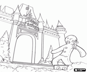 Colorear Shrek y sus amigos intentan entrar al castillo con la ayuda de una galleta gigante, un gran hombre de pan de jengibre