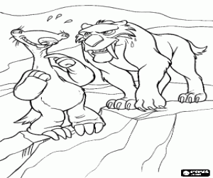 Colorear Sid nervioso delante de la presencia amenazadora de Diego, el tigre diente de sable