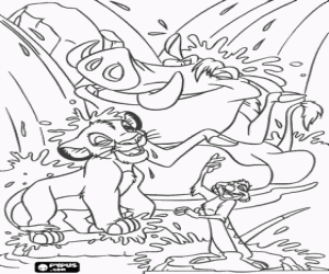 Colorear Simba jugando con el agua con su nuevos amigos, Pumba y Tim�n