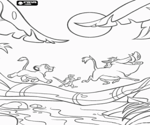 Colorear Simba paseando con sus amigos Pumba y Tim�n