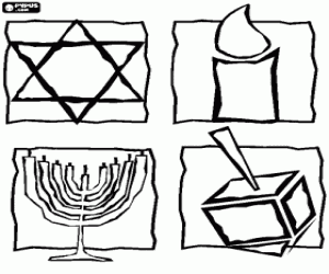 Colorear Simbolos del juda�smo - La estrella de David, la vela encendida, la Januqui� y el sevivon o dreidel