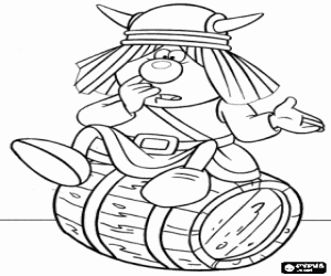 Colorear Snorre, el vikingo m�s bajito sentado sobre un barril