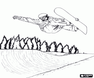Colorear Snowboarder realizando una pirueta, una acrobacia o un truco en un half-pipe, rider practicando el free-style snowboard