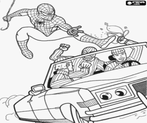 Colorear Spider Man saltando sobre un coche descapotable con unos ladrones y su bot�n