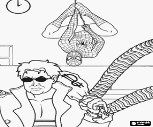 Colorear Spiderman colgado del techo observando como Doctor Octopus roba dinero del banco 