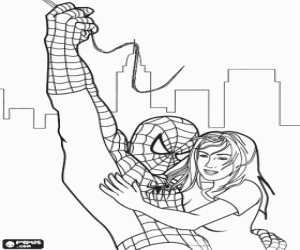 Colorear Spiderman con una joven en brazos colgados de una telara�a por el cielo de la ciudad