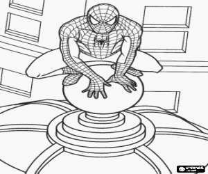 Colorear Spiderman, el hombre ara�a, en cuclillas sobre el remate de la c�pula de un edificio