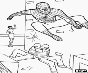 Colorear Spiderman, el superh�roe, escapando despues de atrapar a dos ladrones y dej�ndolos atados con su tela de ara�a o telara�a