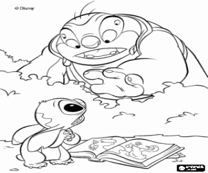 Colorear Stitch, el peque�o alien�gena azul, y el Doctor Jumba en el bosque