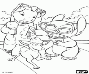 Colorear Stitch hace travesuras, tira la bola de helado en la cabeza de un perro 