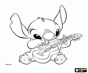 Colorear Stitch tocando el ukelele hawaiano, instrumento parecido a una peque�a guitarra
