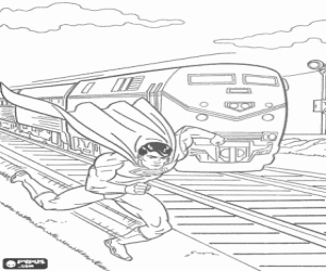 Colorear Superman corriendo al lado de los carriles m�s r�pido que el tren para evitar un accidente