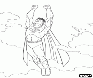 Colorear Superman volando hacia el cielo junto a los p�jaros, con los pu�os cerrados y su traje con la capa