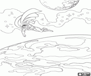 Colorear Superman volando por el espacio exterior con dos planetas a lo lejos