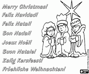 Colorear Tarjeta de felicitacion de Navidad con tres ni�os vestidos como los Reyes Magos