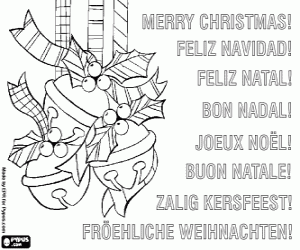 Colorear Tarjeta de Navidad con cascabeles y hojas de acebo