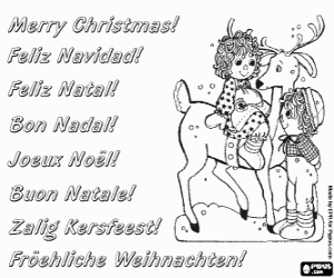 Colorear Tarjeta de Navidad con dos ni�os y un reno