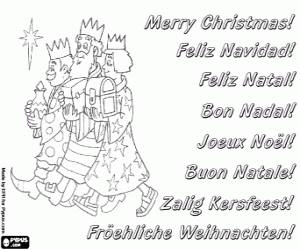 Colorear Tarjeta de Navidad con los Reyes Magos de Oriente