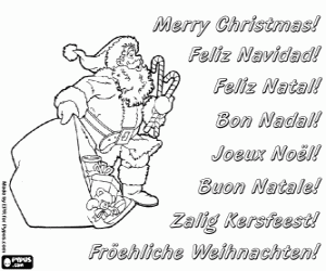 Colorear Tarjeta de Navidad con Santa Claus y el saco de juguetes