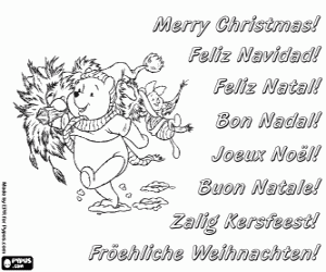 Colorear Tarjeta de Navidad con Winnie the Pooh cargando un abeto 