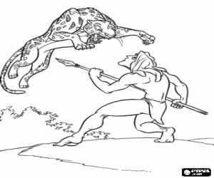 Colorear Tarz�n luchando con su lanza contra el gran salto de un leopardo 