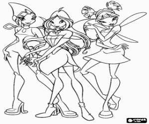 Colorear Tecna, Flora y Musa, algunas de las hadas amigas que forman parte del Winx Club