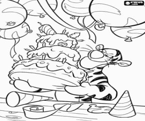 Colorear Tigger con su gran pastel de cumplea�os