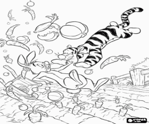 Colorear Tigger ha asustado a Conejo que estaba trabajando en el huerto 