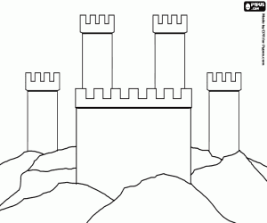 Colorear Torres con almenas o merlones de un castillo que descansa sobre las rocas