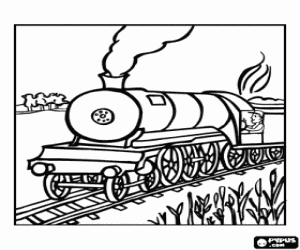 Colorear Tren de vapor con maquinista en el paisaje