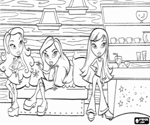 Colorear Tres chicas Bratz tomando unas copas en el bar