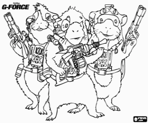 Colorear Tres de los miembros del equipo Fuerza-G: los agentes Juarez, Blaster y Darwin 