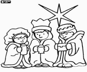 Colorear Tres ni�os disfrazados como los tres Reyes Magos de Oriente con la estrella de Bel�n 