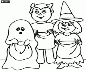 Colorear Tres ni�os disfrazados para el truco o trato - Un fantasma, una bruja y un demonio con las bolsas