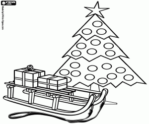 Colorear Trineo con regalos junto a un �rbol de Navidad