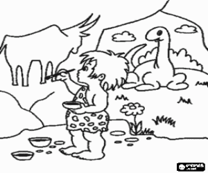 Colorear Un artista prehistorico realizando una pintura rupestre representando un b�falo en la pared de una cueva mientras un dinosaurio lo observa desde el exterior de la caverna