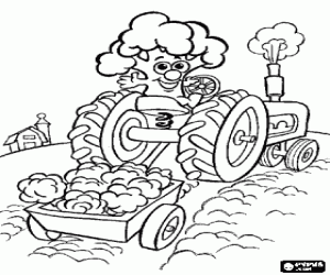 Colorear Un br�coli animado conduciendo el tractor en el campo 