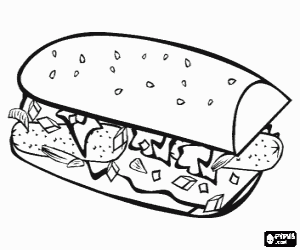 Colorear Un buen bocadillo, bocata o s�ndwich con pan de barra con semillas y con muchos ingredientes variados