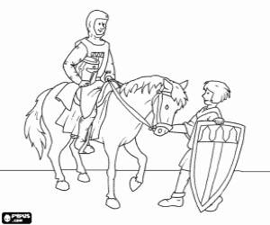 Colorear Un caballero con su caballo y su escudero con el escudo