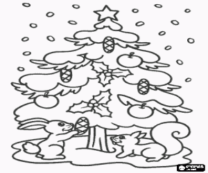 Colorear Un conejo y una ardilla al lado de un �rbol de Navidad adornado con una estrella, pi�as, manzanas y hojas de acebo bajo una gran nevada 